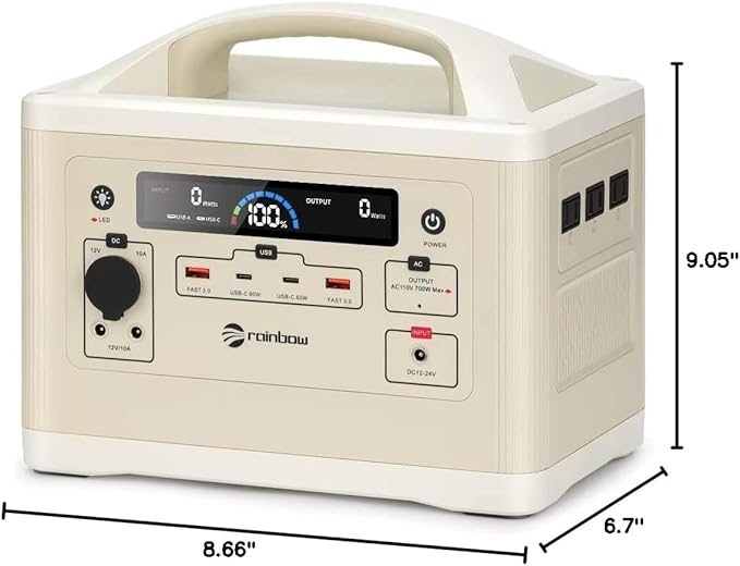 RAINBOW Portable Power Station 700W, 537Wh Backup LiFePO4 Battery, Solar Generator for Outdoor Camping, 3 x 110V/700W(Peak 1400W) AC Outlets, Quick Charge for Home, Hiking