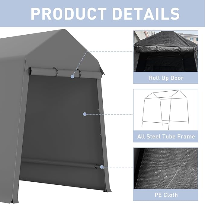 Wpond Outdoor Storage Tent 6 * 8 FT,Storage Shelter Shed,Waterproof Carport with Roll Up Doors & Vents Outdoor Storage Shed for Atv,Bike, Motorcycle, and Gardening Tools-GREY, Gray