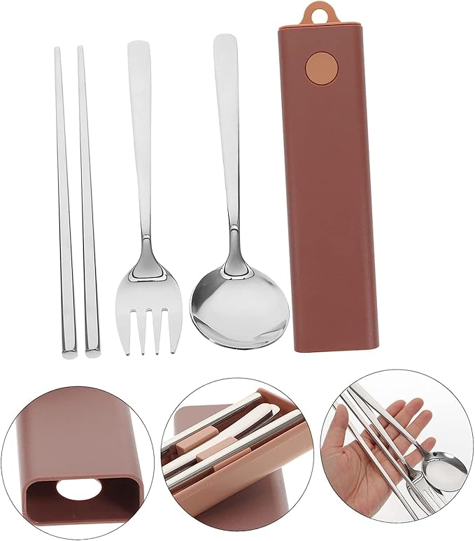 5 Sets Fork Spoon Chopsticks Stainless Steel Spoon Travel Cutlery Serving Utensils Stainless Steel Reusable Utensils Set with Case Office Use Utensil Camping Chopstick Rest