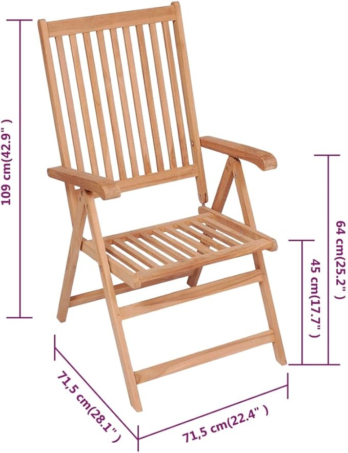 Reclining Patio Chairs 6 pcs,Bistro Table and Chairs Outdoor,Portable Camping Chair,Lawn Chair,Garden Chair,7 Reclining Positions,for Yard, Balcony, Porch, Solid Teak Wood
