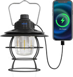 LED Camping Lantern Rechargeable Dimmable, Portable Vintage Outdoor Lantern 2700-6500K Waterproof, Hanging Retro Lamp Indoor Outdoor for Garden, Hiking, Emergency, Black