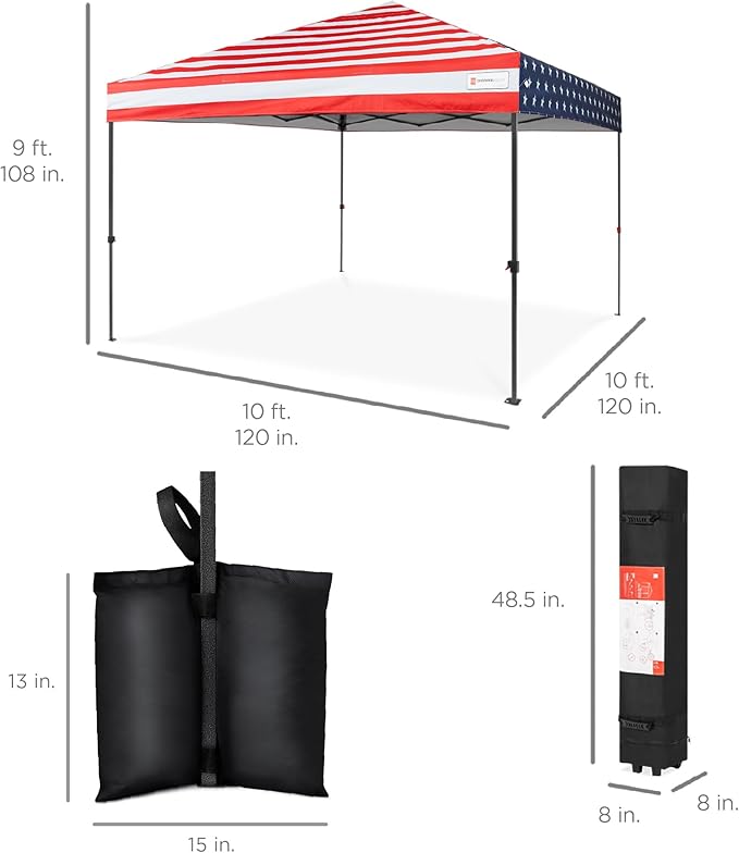 Best Choice Products 10x10ft Pop Up Canopy Tent, Outdoor Shade, 1 Person 1 Minute Set Up, Carry Case, 4 Weight Bags - American Flag