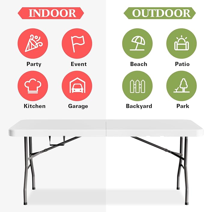 6ft Heavy-Duty Portable Outdoor Folding Table for 6 - Sturdy HDPE Top, 350lbs Capacity, Lockable Design, No Assembly (White) - Camping Parties Picnics