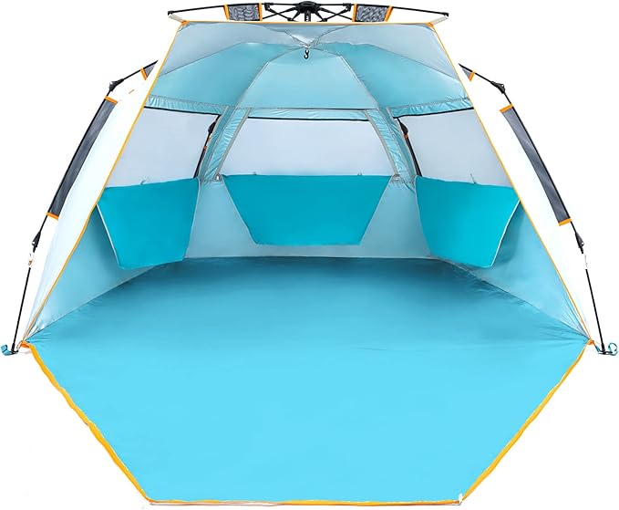 WolfWise 3-4 Person Beach Tent with UPF 50+ Sun Protection, Portable Ventilated Beach Shade Canopy with Extended Porch, Easy Setup & Windproof Design, Blue