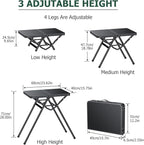 JiGiU Folding Camping Table Height Adjustable Aluminum Alloy Foldable Pinic Table 180lbs Capacity with Handle Stable Triangle Feet for Outdoor Indoor Hiking Camp BBQ Beach (Black, MDF Tabletop)