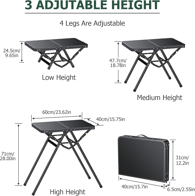 JiGiU Folding Camping Table Height Adjustable Aluminum Alloy Foldable Pinic Table 180lbs Capacity with Handle Stable Triangle Feet for Outdoor Indoor Hiking Camp BBQ Beach (Black, MDF Tabletop)
