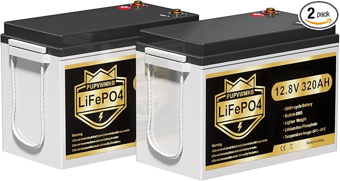 2 Pack 12V 320Ah Lithium LiFePO4 Battery, Built-in Smart 200A BMS, Up to 15000 Cycles, 4096Wh-Higher Energy Density, Perfect for Solar Energy Storage, Backup Power, RV, Camping, Off-Grid System