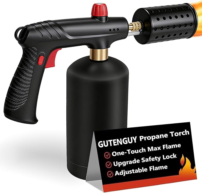 Propane Torch with Adjustable Flame, Powerful Kitchen Torch Gun with Safety Lock & Cooling Vents, Blow Torch Flamethrower for Grill, Sous Vide, BBQ, Charcoal Lighter (Tank Not Included)