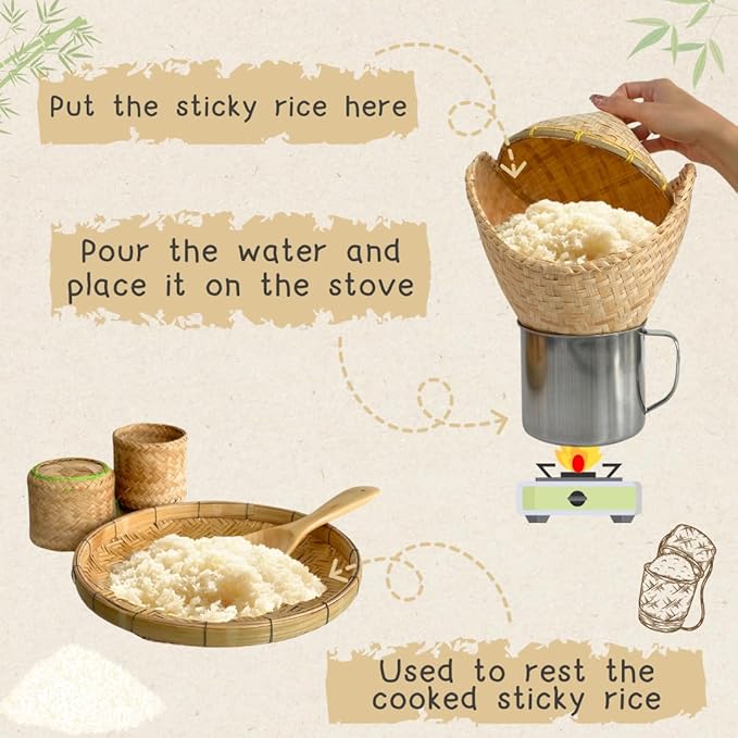 6-Piece Mini Sticky Rice Steamer Set - Bamboo Basket & Thai Rice Cooker, Portable for Camping