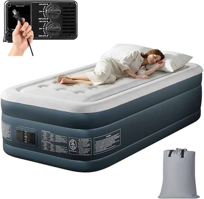 Outvita 18in Twin Air Mattress with Built-in Pump, Quick Assembly Comfort Luxury Blow Up Air Bed Self-Inflation/Deflation - Breathable and Flatness-Free for Guests and Home, Camping, Travel