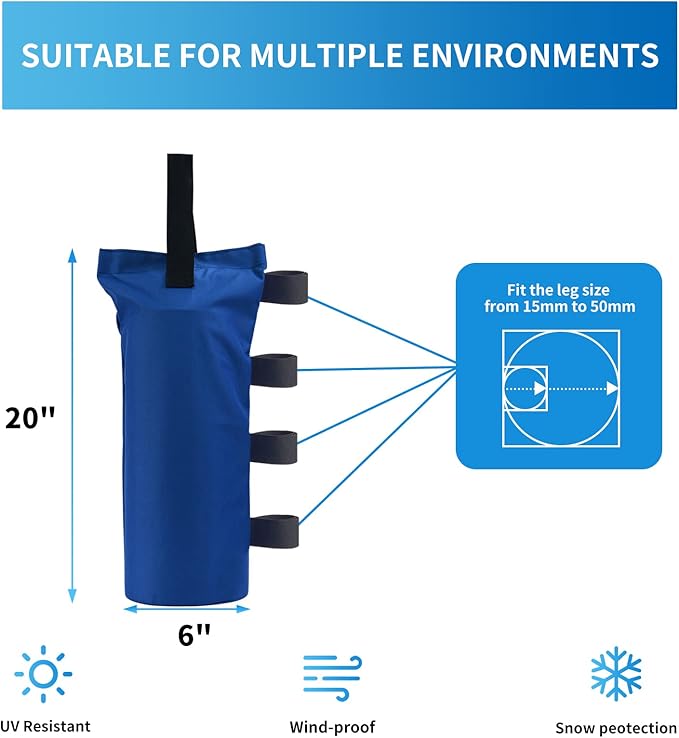 Joramoy Heavy Duty Canopy Weight Bags(120LBS) for Pop up Tent, Leg Canopy Weights Sand Bags for Instant Outdoor Sun Shelter Patio Umbrella,Set of 4, Blue(Without Sand)