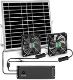 Solar Powered Fan with Battery, Rechargeable Solar Fan for Chicken Coop, Greenhouse, Shed, Outside with Two IPX7 Waterproof Exhaust Intake Fans 16.5Ft On/Off Switch Cable