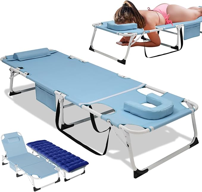 DoCred 3 in 1 Sun Tanning Chair with Face Arm Hole, Heavy Duty Folding Chaise Lounge Chairs, 5-Position Outdoor Lounge Chair for Beach, Pool, Lawn, Yard, Patio