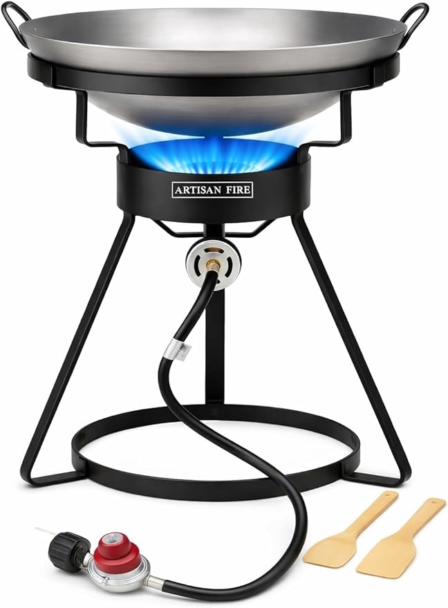 Outdoor Cooker Stove with Iron Wok-Propane Grill-55,000 BTU High Pressure Propane Burner-Ideal for Backyard BBQ, Camp Stove
