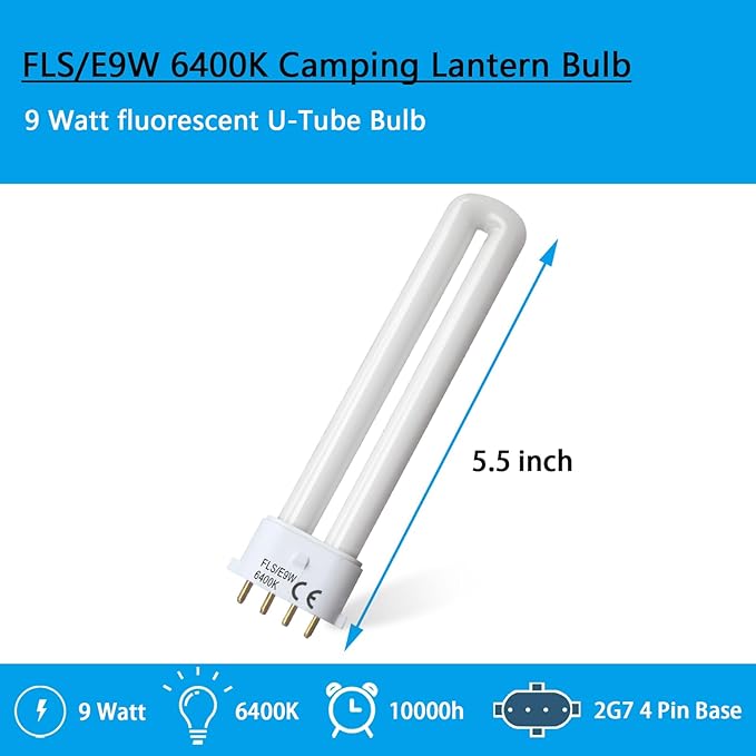 (2PACK) FLS/E9W Fluorescent Bulb,Replacement for Camping Lantern Bulb,4 Pin 2G7 Base,5.5 inch Special Size,6400K