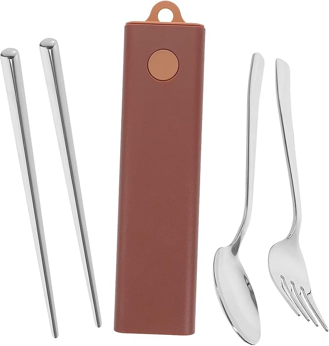 5 Sets Fork Spoon Chopsticks Stainless Steel Spoon Travel Cutlery Serving Utensils Stainless Steel Reusable Utensils Set with Case Office Use Utensil Camping Chopstick Rest