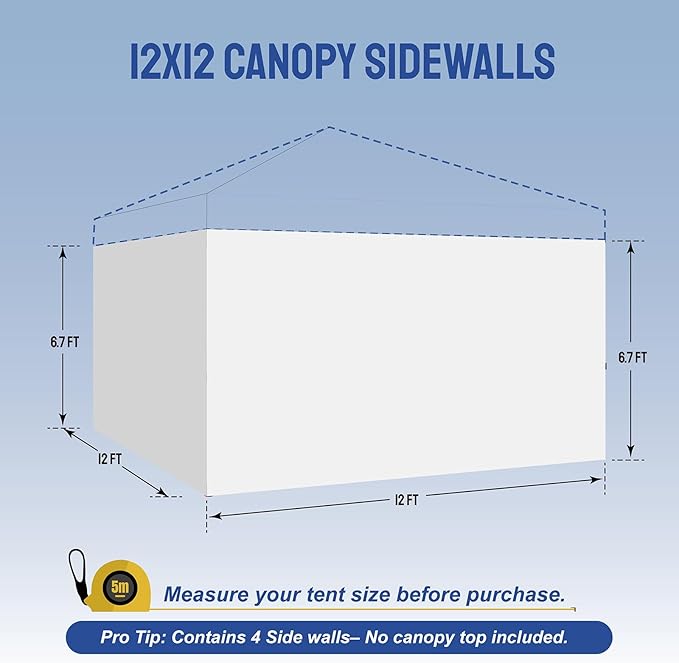 CROWN SHADES 12x12 Canopy Sidewalls (4pck) - Side Walls 12x12, Sidewalls for Canopy - Canopy Cover, Tent Accessories, White