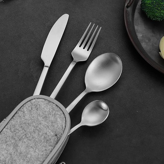 Portable Silverware Set Camping Flatware Stainless Steel Cutlery Set Include Knife Fork Spoon Dessertspoon and Tableware Bag