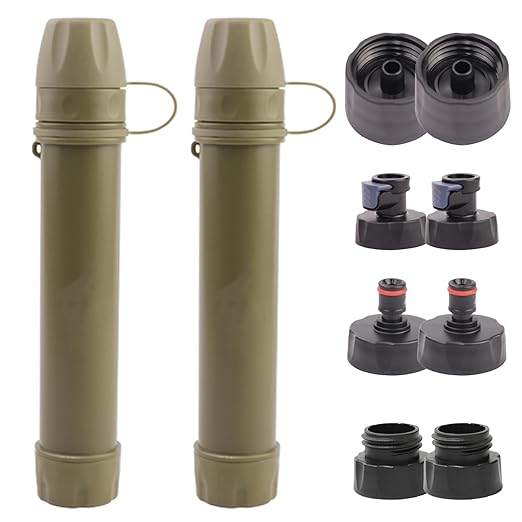2 Pack Survival Water Filter Straw for Hiking & Camping, 2025 Personal Portable Water Purifier, 3000L Long Life, Includes Bottle & Hydration Bladder Adapters (2, Dune Brown, 3x3x19.3cm)