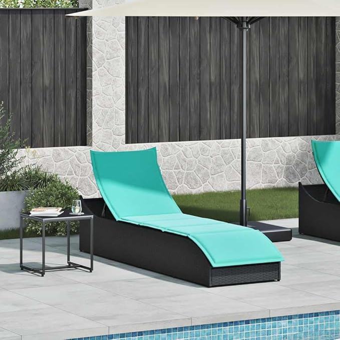 Folding Sun Lounger with Cushion and Storage Black Poly Rattanpatio Tanning Chair Camping Chairs Recliner Suitable for Garden Courtyard