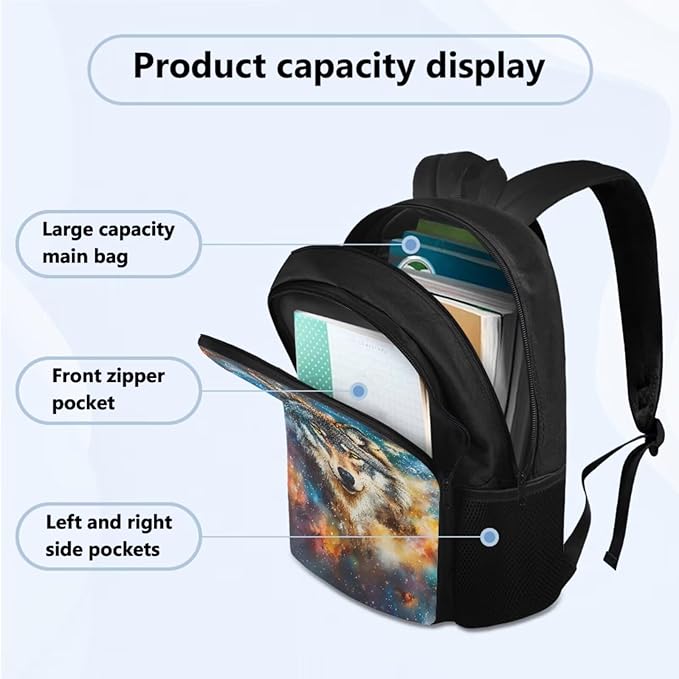 Cool Wolf Backpack for School Boys Back to School, 3rd Grade Backpack for Boys Back Pack 4 Piece Set Lunch Box Art Water Bottle Holder Pencil Case for Class Activity