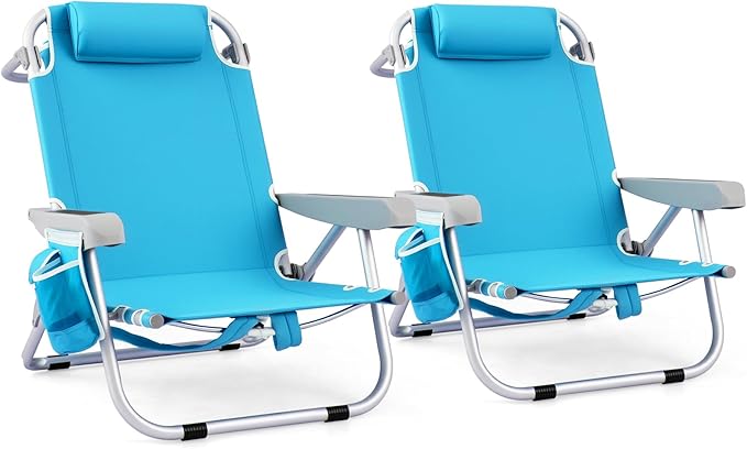 GYMAX Beach Chair, 330lbs Backpack Lounger with 5-Position Backrest, Storage Bag, Side Pocket, Towel Bar & Headrest, Foldable Low Beach Lounge, Portable Aluminum Lay Out Camp Chair (2, Light Blue)