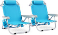 GYMAX Beach Chair, 330lbs Backpack Lounger with 5-Position Backrest, Storage Bag, Side Pocket, Towel Bar & Headrest, Foldable Low Beach Lounge, Portable Aluminum Lay Out Camp Chair (2, Light Blue)