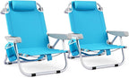 GYMAX Beach Chair, 330lbs Backpack Lounger with 5-Position Backrest, Storage Bag, Side Pocket, Towel Bar & Headrest, Foldable Low Beach Lounge, Portable Aluminum Lay Out Camp Chair (2, Light Blue)