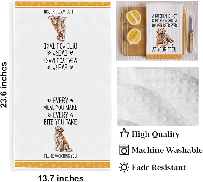 2Pcs Funny Dog Kitchen Towels 24x14 Inch, Cute Golden Retriever Waffle Weave Dish Towels for Kitchen Home, White Absorbent Microfiber Hand Tea Towel, Golden Retriever Gifts for Women Dog Lovers 1