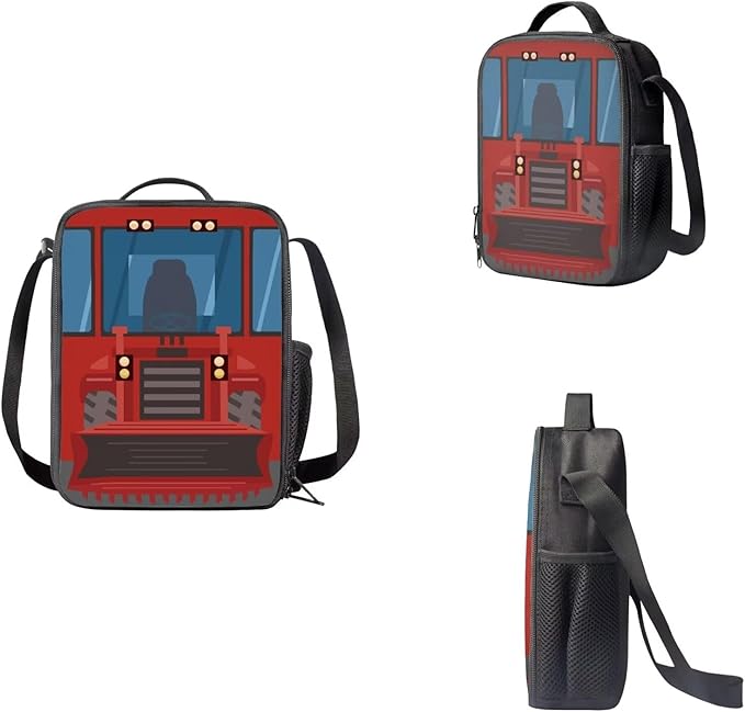 3 Pieces Cartoon Fire Truck Printing Book Bag Set with Large Capacity Lunch Bag and Pencil Box, Bag Set for Travel Picnic Activities Outdoor Festival Gift