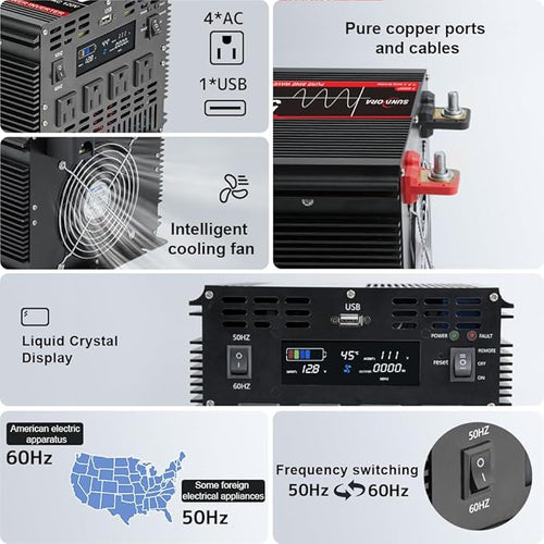 5000 Watt Pure Sine Wave Power Inverter, 12V DC to 110V/120V AC Converter 10000W Peak, with Remote Control LCD, 4 AC Outlets & USB Port & Hardwire Terminal, for Truck RV Boat Camping Solar System EPS