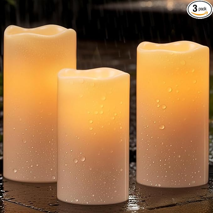 Wondise Solar Candles Outdoor Waterproof IP65 Rechargeable Solar Candles, Dusk to Dawn, Outdoor Pillar Candle for Camping Patio Porch Lanterns(3 Pack, 3" D x 5" H x 6" Hx 8" H)
