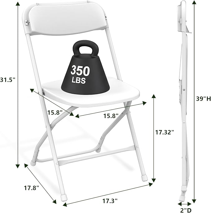 Folding Chairs 12 Pack, Plastic Folding Chairs for Outside, Heavy Duty Foldable Chairs, Sturdy Metal Folding Chairs, 350 lbs Capacity, for Patio, Garden, Camping, White