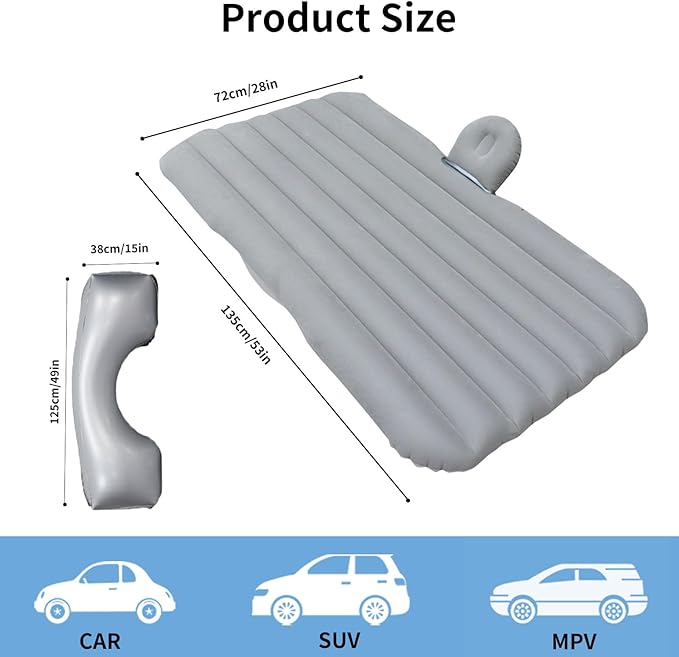 Car Air Mattress, Inflatable SUV Truck Camping Mattress for Back Seat, Thickened Travel Car Bed Sleeping Pad with Inflatable Pier Air Pump 2 Pillows (Grey)
