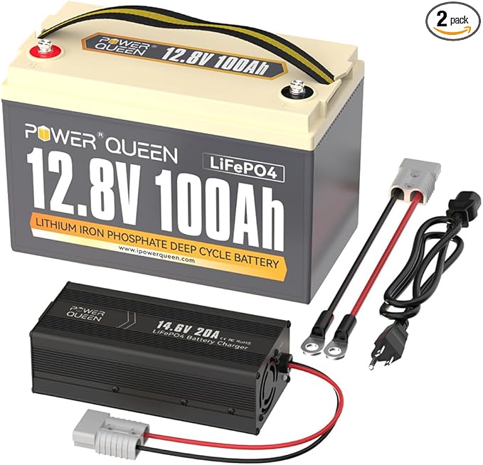Power Queen 12.8V 100Ah LiFePO4 Battery with 14.6V 20A LiFePO4 Battery Charger; Built-in 100A BMS, 1280Wh Lithium Battery 15000+ Cycles, Perfect for RV, Trailer, Camping, Solar System