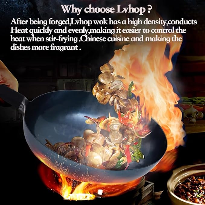 iron wok with lid,13.8 inch woks & stir-fry pans nonstick,chinese traditional pans for open fire,large cookwares,cooking,bbq,grill,camping,blue pre-seasoned round bottom wok (34cm)