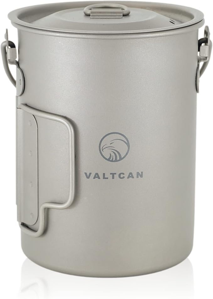Valtcan 900ml Titanium Pot Boil Cook & Drink From One Pot, 134g Ultralight, Thicker Gauge Grade 1 Ti, Aligned Bail Handle, Nests 32oz Nalgene, Lid with Steam Holes, Campfire & Stove, Mesh Bag