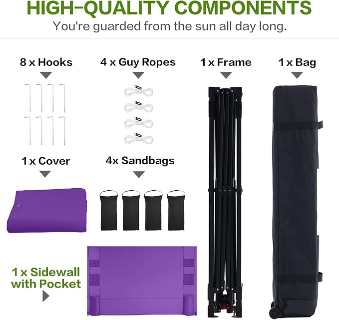 12'x12' Pop Up Canopy Tent with 1 Sidewall and 6 Pockets, One Push Setup, Case, 8 Stakes, 4 Ropes, 4 Sandbags (Purple, 12x12)