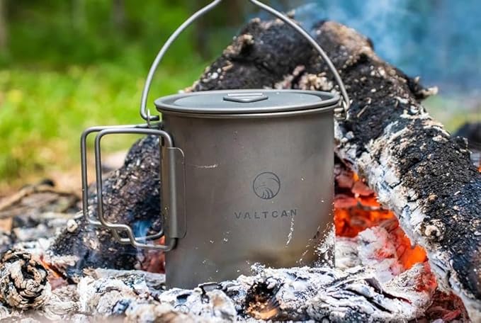 Valtcan 900ml Titanium Pot Boil Cook & Drink From One Pot, 134g Ultralight, Thicker Gauge Grade 1 Ti, Aligned Bail Handle, Nests 32oz Nalgene, Lid with Steam Holes, Campfire & Stove, Mesh Bag