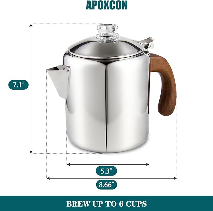 Coffee Percolator Stainless Steel Coffee Maker with Fireproof Solid Wood Handle & Tough Glass Clear Brew Progress Knob Camping Coffee Pot Using on any Stovetop NO Aluminum NO Plastic (6 Cup)
