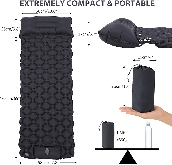 Sleeping Pad, 40D Nylon Camping Mat with Pillow, Built-in Foot Pump Inflatable Sleeping Mat Compact, Portable Waterproof Air Mattress for Outdoor Camping Hiking Backpacking, Single (Gray)