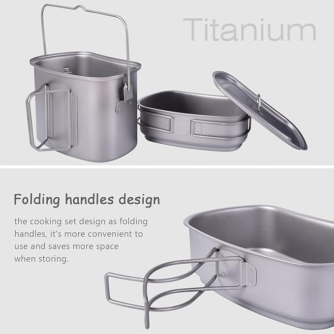 Boundless Voyage Titanium Camping Cookware Set 1500ml & 600ml Military Mess Kit with Lid Ultralight Backpacking Pot & Cup with Folding Handles for Hiking, Travel Portable Outdoor Cooking Kit Ti2059C