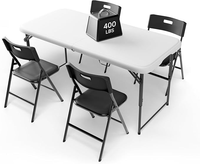 4FT Folding Table Set with 4 Chairs – Heavy-Duty 400 lb Table & 330 lb Chairs, Dual-Height Adjustment, Portable Folding Furniture Set for Camping, Parties, Indoor & Outdoor Use