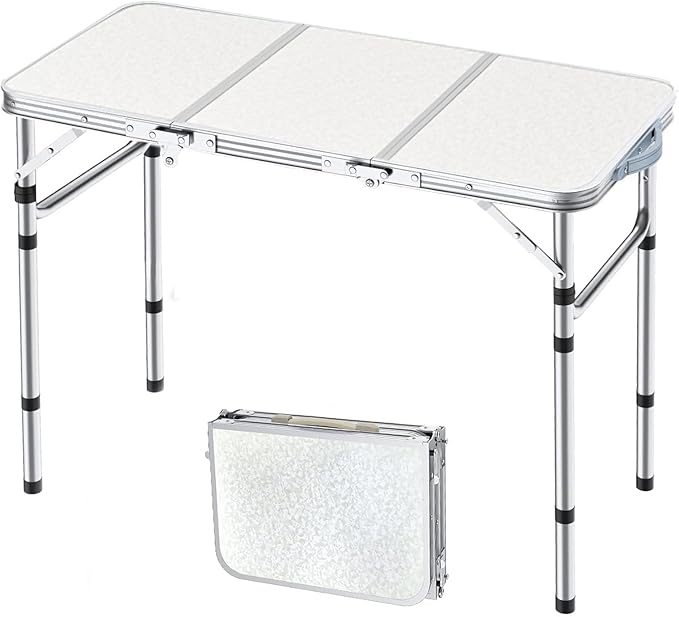 Folding Camping Table 3ft Portable Pinic Table Adjustable Height Small Card Table Aluminum Foldable Lightweight with Carry Handle for Outdoor Indoor Hiking Camp BBQ Beach