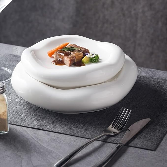 Camping Plates Creative Western Hotel Ceramic Dish Restaurant Special-Shaped White Cloud Artistic Conception Dessert Pastry Pure Tableware Decorative Plate(10 in)