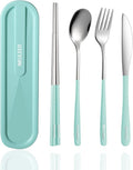 Travel cutlery set, 18/8 stainless steel cutlery, Reusable utensils set with case, Portable Silverware Lunch Box for Camping and Office (Bule)
