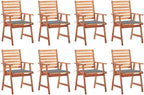Patio Dining Chairs 8 pcs,Lawn Chair,Camping Chair,Garden Chair,Featuring Slatted Design,Waterproof Cushion,Each Cushion Features 2 Sets of Ropes, with Cushions Solid Acacia Wood