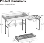 Ice Cooler Table with Foldable Extension Stand, 4 Foot Outdoor Ice Table with Matching Skirt & Drain Hose, Folding Cooler Tables with Metal Shelf for Party, BBQ, Camping Picnic, White