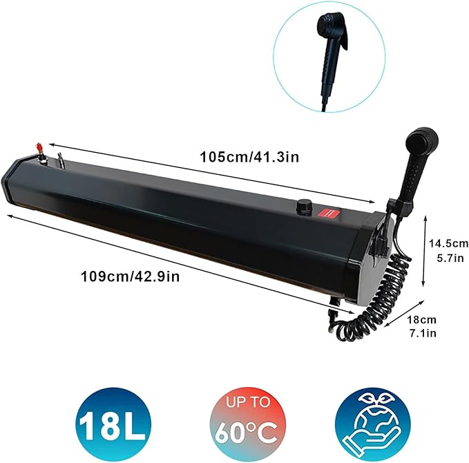 Pressurized Camping Shower with Solar Heating, Portable Water Tank for Outdoor Activities Including Overlanding, Surfing, and Fishing