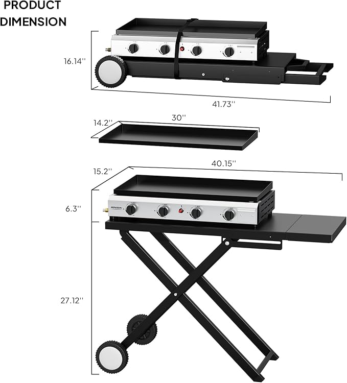 ROVSUN 4 Burner Foldable Propane Griddle with Wheels & Enameled Tray, 40000 BTU Portable Flat Top Gas Grill with Electronic Ignition & Regulator for Outdoor Cooking Camping BBQ Tailgating Picnicking